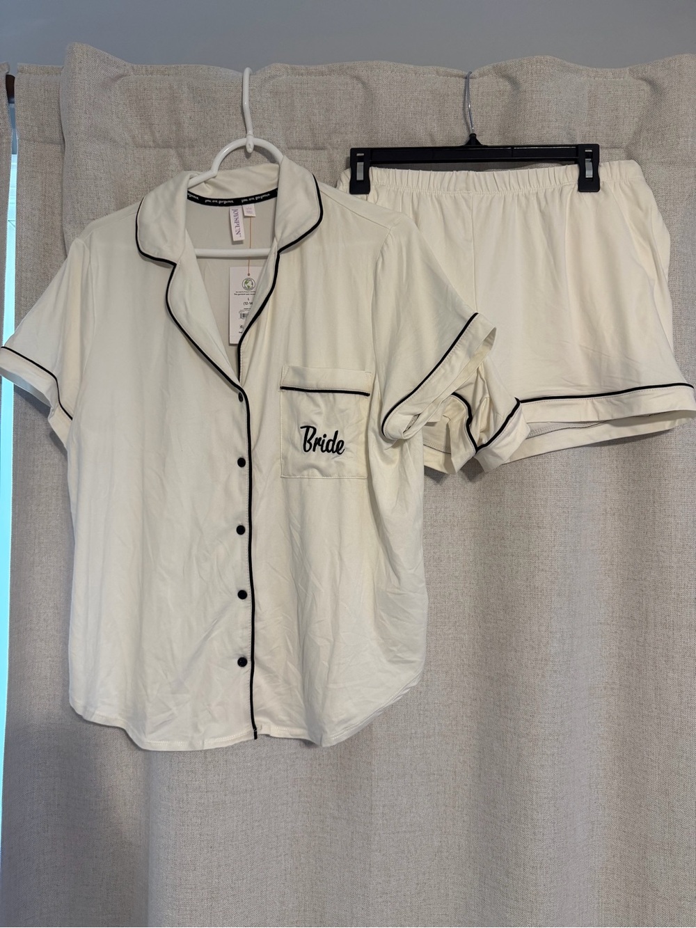 White Bride Short Sleeve Pajama Set with Black Piping